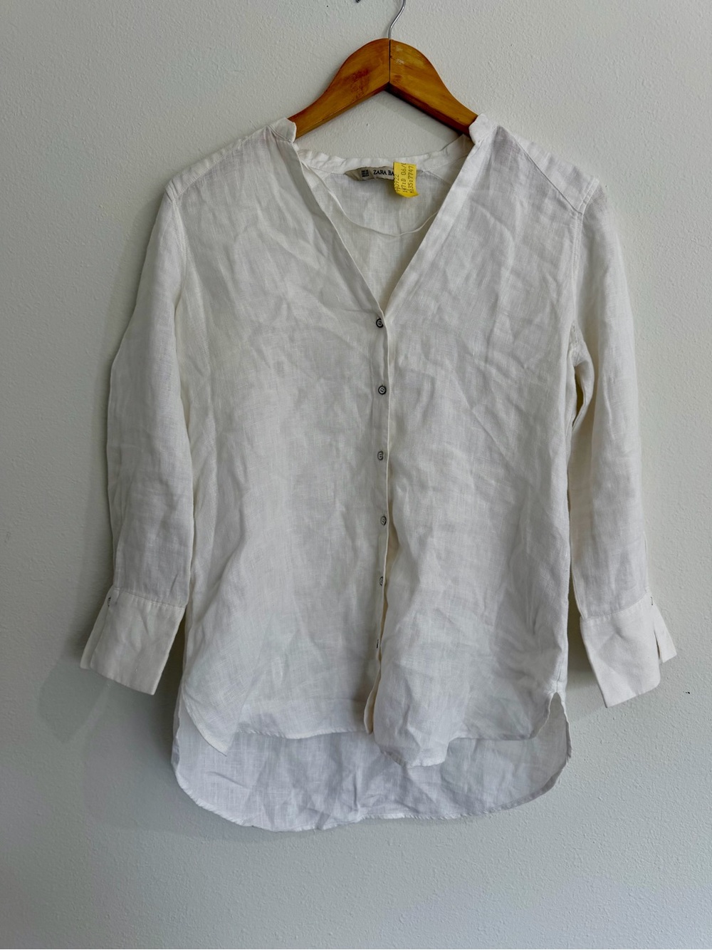 Zara Basic White 100% Linen Button Up Blouse Split V-Neck Size XS